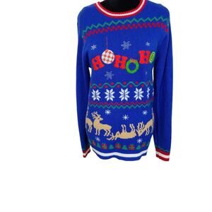 Jolly Sweaters Womens S Blue Holiday Ugly Sweater Christmas Party Reindeer Knit